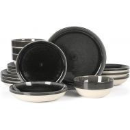 Sur La Table Kitchen Essentials Banquette 16 Piece Double Bowl Plates and Bowls Reactive Glaze Stoneware Dinnerware Set - Black