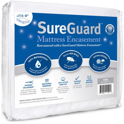  SureGuard Mattress Protectors King (6-8 in. Deep) SureGuard Mattress Encasement - 100% Waterproof, Bed Bug Proof, Hypoallergenic - Premium Zippered Six-Sided Cover - 10 Year Warranty