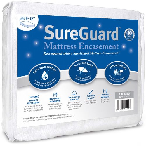  SureGuard Mattress Protectors Cal King (9-12 in. Deep) SureGuard Mattress Encasement - 100% Waterproof, Bed Bug Proof, Hypoallergenic - Premium Zippered Six-Sided Cover - 10 Year Warranty