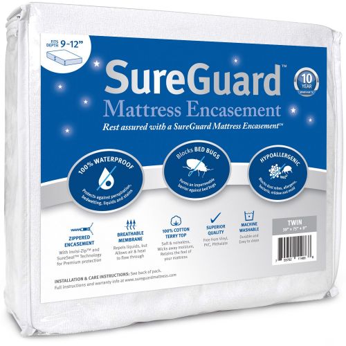  SureGuard Mattress Protectors Twin (9-12 in. Deep) SureGuard Mattress Encasement - 100% Waterproof, Bed Bug Proof, Hypoallergenic - Premium Zippered Six-Sided Cover - 10 Year Warranty