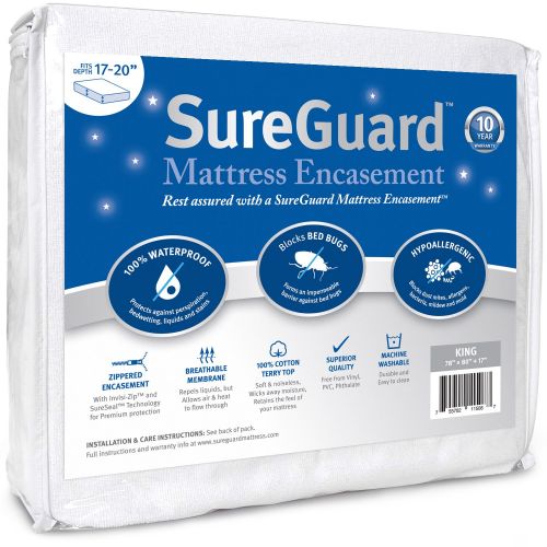  SureGuard Mattress Protectors King (17-20 in. Deep) SureGuard Mattress Encasement - 100% Waterproof, Bed Bug Proof, Hypoallergenic - Premium Zippered Six-Sided Cover - 10 Year Warranty
