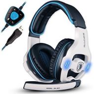 SADES 903 Surround Sound Pro USB PC Stereo Noise-Canceling Gaming Headset with High Sensitivity Mic Volume-Control Blue LED lighting (White)