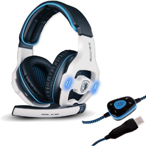  SADES 903 Surround Sound Pro USB PC Stereo Noise-Canceling Gaming Headset with High Sensitivity Mic Volume-Control Blue LED lighting (White)