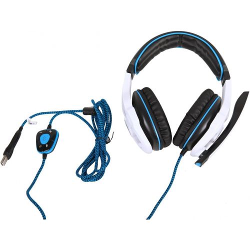  SADES 903 Surround Sound Pro USB PC Stereo Noise-Canceling Gaming Headset with High Sensitivity Mic Volume-Control Blue LED lighting (White)