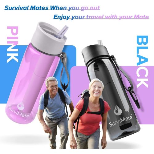  SurviMate Purified Water Bottle for Camping, Hiking, Backpacking and Travel, BPA Free with 4-Stage Intergrated Filter Straw