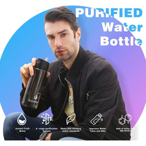  SurviMate Purified Water Bottle for Camping, Hiking, Backpacking and Travel, BPA Free with 4-Stage Intergrated Filter Straw