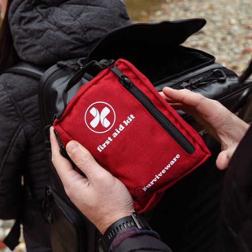  Surviveware Small First Aid Kit with Labelled Compartments for Hiking, Backpacking, Camping, Travel, Car and Cycling.