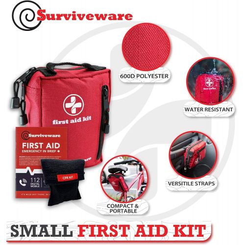  Surviveware Small First Aid Kit with Labelled Compartments for Hiking, Backpacking, Camping, Travel, Car and Cycling.