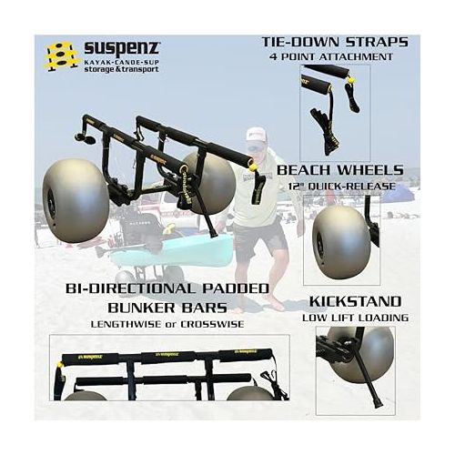  Suspenz Fishing Kayak Beach Sand Cart Trolley | Heavy Duty Canoe Carrier Trailer with Adjustable Bi-Directional Bunker Bars and Balloon Wheels | Catch-All Universal Beach Cart (22-9910)