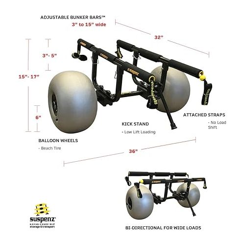  Suspenz Fishing Kayak Beach Sand Cart Trolley | Heavy Duty Canoe Carrier Trailer with Adjustable Bi-Directional Bunker Bars and Balloon Wheels | Catch-All Universal Beach Cart (22-9910)