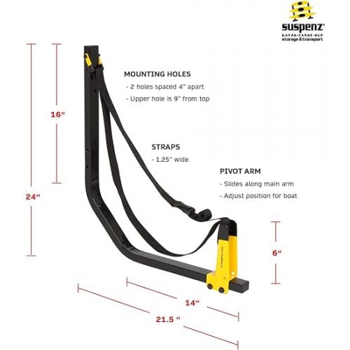  Suspenz Kayak Storage Rack, 2-Boat Free Standing Kayak, Canoe, SUP Deluxe Storage Rack, Indoor & Outdoor, Yellow, 48