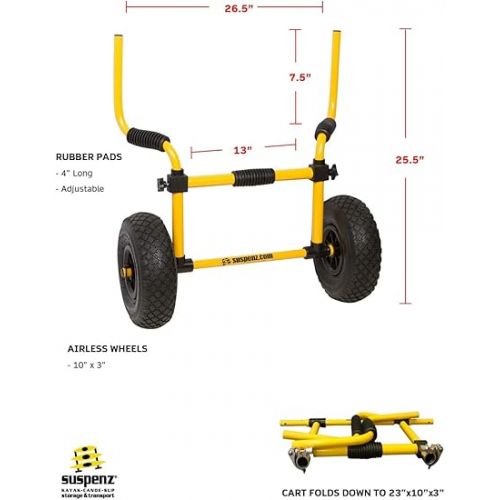  Suspenz Kayak Cart Trolley, Sit on Top SOT Adjustable Width Transport Carrier with No Flat Airless Wheels, Yellow, (22-0077)