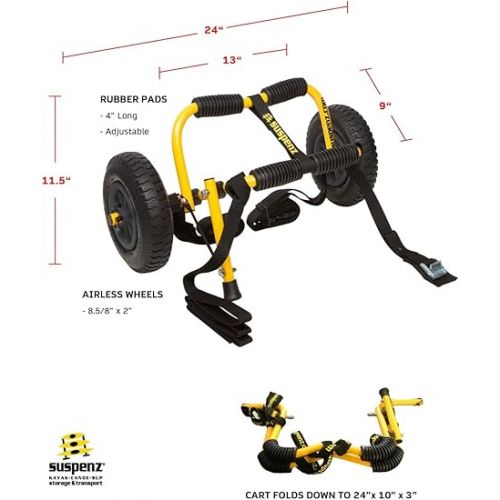  Suspenz Stowable Kayak Carrier Cart, SK Trailer Cart with Airless Wheels and Straps, Yellow, (22-1166)