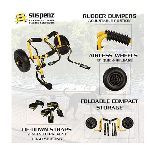  Suspenz Stowable Kayak Carrier Cart, SK Trailer Cart with Airless Wheels and Straps, Yellow, (22-1166)