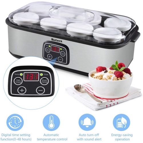  [아마존베스트]Suteck Yogurt Maker Automatic Digital Yoghurt Maker Machine with 8 Glass Greek Jars 48 Ozs (6Oz Each Jar) LCD Display with Constant Temperature Control Stainless Steel Design for Home Use