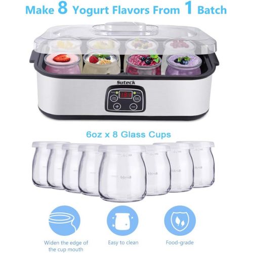  [아마존베스트]Suteck Yogurt Maker Automatic Digital Yoghurt Maker Machine with 8 Glass Greek Jars 48 Ozs (6Oz Each Jar) LCD Display with Constant Temperature Control Stainless Steel Design for Home Use