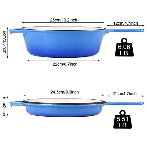  [아마존베스트]Suteck Enameled Cast Iron 2-In-1 Skillet Set, Heavy Duty 3.2 Quart Enamel Cookware Pot and Lid Set, Deep Saucepan and Shallow Skillet Dutch Oven Nonstick Frying Pan for Chef Kitche