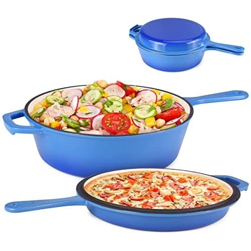  [아마존베스트]Suteck Enameled Cast Iron 2-In-1 Skillet Set, Heavy Duty 3.2 Quart Enamel Cookware Pot and Lid Set, Deep Saucepan and Shallow Skillet Dutch Oven Nonstick Frying Pan for Chef Kitche