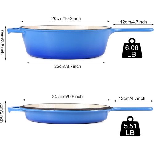  [아마존베스트]Suteck Enameled Cast Iron 2-In-1 Skillet Set, Heavy Duty 3.2 Quart Enamel Cookware Pot and Lid Set, Deep Saucepan and Shallow Skillet Dutch Oven Nonstick Frying Pan for Chef Kitche