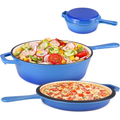  [아마존베스트]Suteck Enameled Cast Iron 2-In-1 Skillet Set, Heavy Duty 3.2 Quart Enamel Cookware Pot and Lid Set, Deep Saucepan and Shallow Skillet Dutch Oven Nonstick Frying Pan for Chef Kitche