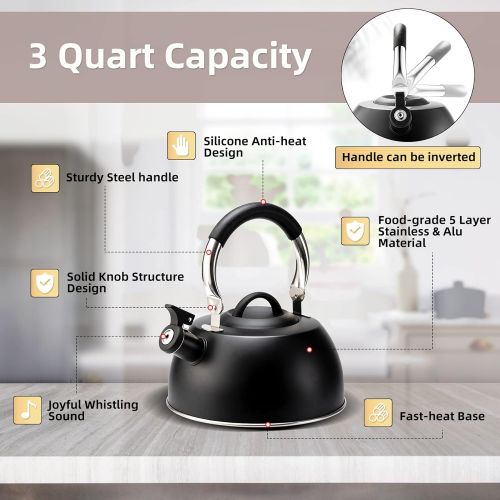  Suyika Tea Kettle Stovetop 3 Quart Stainless Steel Whistling Tea Pots for Stove Top with Cool Touch Ergonomic Handle Teapot - Black