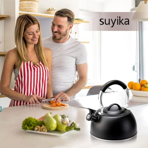  Suyika Tea Kettle Stovetop 3 Quart Stainless Steel Whistling Tea Pots for Stove Top with Cool Touch Ergonomic Handle Teapot - Black