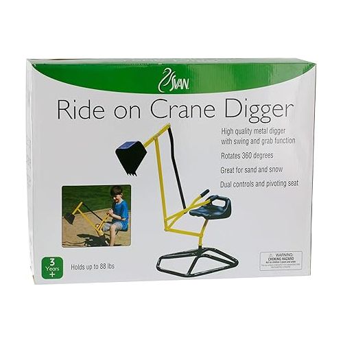  Ride on Crane Digger w Stabilizing Base - Kids Outdoor Digging Excavator Play Toy or Gift- Swing & Scooper Grab Function, Rotation Seat Goes 360 Degrees Around - Use in Backyard Sandbox, Dirt and Snow