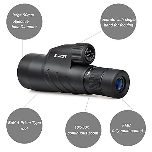  [아마존베스트]Svbony SV45 Monocular 10-30x50 Zoom Monocular HD Waterproof Bak4 Prism FMC Optics Monocular for Hunting, Travel, Hiking, Bird Watching, Archery, Target Shooting