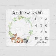 Swaddle Watch Me Grow Baby Blanket - Woodland and Forest Creatures - Milestone Markers (50 x 60 - Fleece)