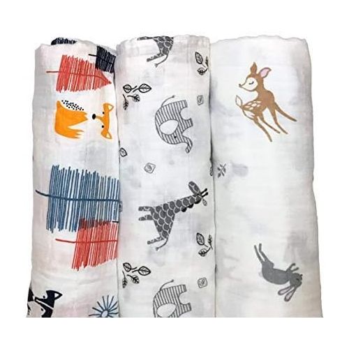  Swaddle blankets by elifantbaby Cotton Muslin Swaddle Blankets, Set of 3, My First Furry Friends Perfect Baby Shower Baby Registry Gift