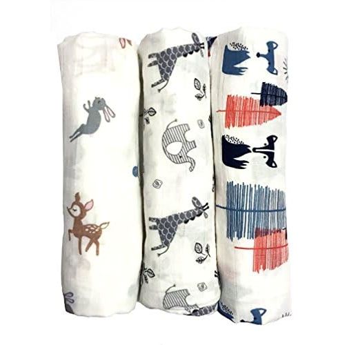  Swaddle blankets by elifantbaby Cotton Muslin Swaddle Blankets, Set of 3, My First Furry Friends Perfect Baby Shower Baby Registry Gift