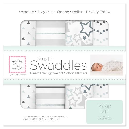  SwaddleDesigns Cotton Muslin Swaddle Blankets, Set of 4, Sterling Starshine Shimmer (Parents’...