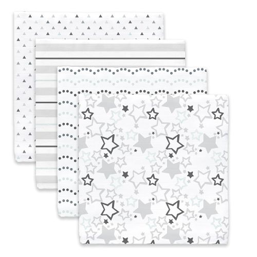  SwaddleDesigns Cotton Muslin Swaddle Blankets, Set of 4, Sterling Starshine Shimmer (Parents’...