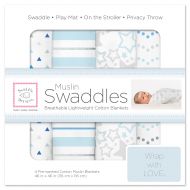 SwaddleDesigns Cotton Muslin Swaddle Blankets, Set of 4, Blue Starshine Shimmer (Parents’ Picks Award Winner)