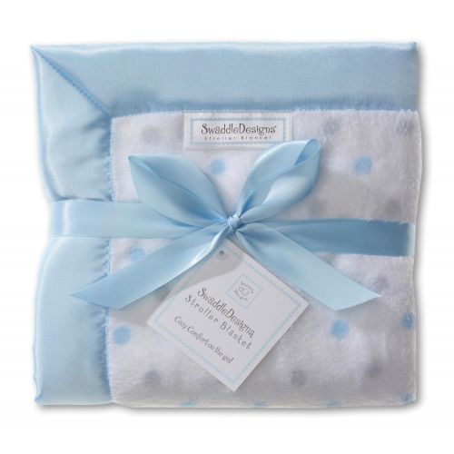 SwaddleDesigns Stroller Blanket, Cozy Microfleece, Pastel Blue and Sterling Dots with Satin Trim