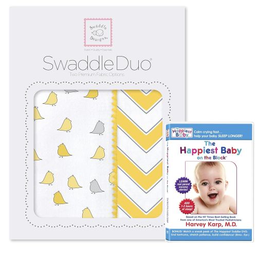  SwaddleDesigns SwaddleDuo, Set of 2 Swaddling Blankets + The Happiest Baby DVD Bundle, Yellow Chic Chevron Duo