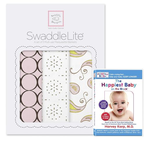  SwaddleDesigns SwaddleLite, Set of 3 Cotton Marquisette Swaddle Blankets + The Happiest Baby DVD Bundle, Pink Modern Lite