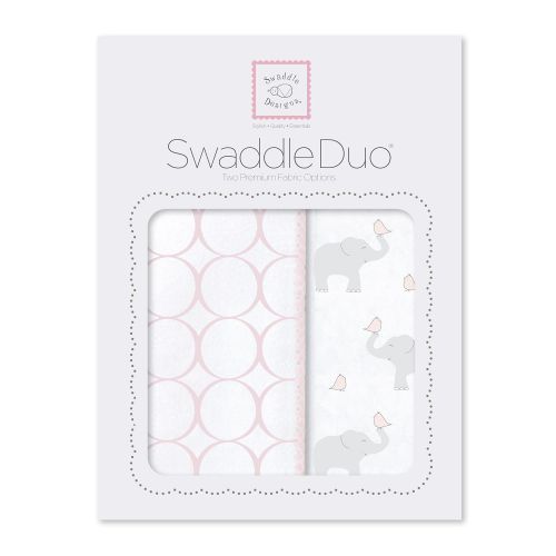  SwaddleDesigns SwaddleDuo, Set of 2 Swaddling Blankets, Cotton Marquisette + Premium Cotton Flannel, Mod Elephant and Pastel Pink Chickies Duo