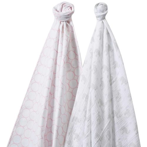  SwaddleDesigns SwaddleDuo, Set of 2 Swaddling Blankets, Cotton Marquisette + Premium Cotton Flannel, Mod Elephant and Pastel Pink Chickies Duo