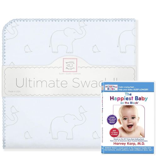  SwaddleDesigns Ultimate Swaddle, X-Large Receiving Blanket + The Happiest Baby DVD Bundle, Sterling Deco Elephants on Blue (Moms Choice Award Winner)