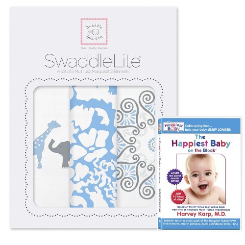  SwaddleDesigns SwaddleLite, Set of 3 Cotton Marquisette Swaddle Blankets + The Happiest Baby DVD Bundle, Blue Lush Lite