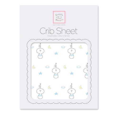  SwaddleDesigns Cotton Crib Sheet, Made in USA, Premium Cotton Flannel, Pastel Blue Spaceman