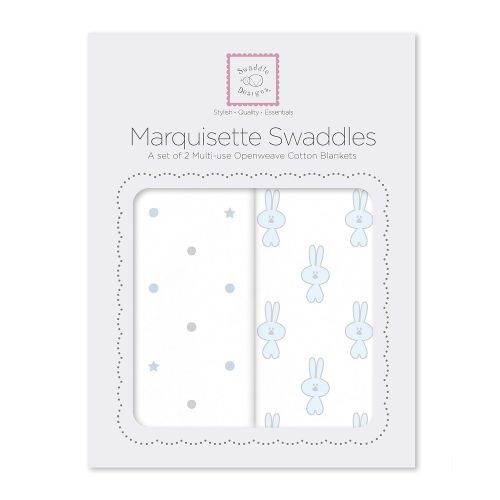  SwaddleDesigns Marquisette Swaddling Blankets, Set of 2 Premium Cotton Muslin Blankets, Dottie Star + Pastel Blue Little Bunnie