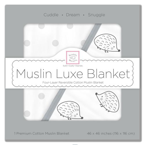  SwaddleDesigns 4-Layer Cotton Muslin Luxe Blanket, Cuddle and Dream, Black Hedgehog and Dots