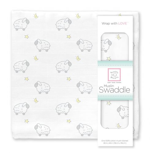  SwaddleDesigns 4-Layer Cotton Muslin Luxe Blanket, Cuddle and Dream, Sterling Little Lambs