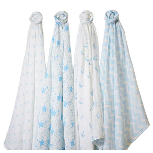  SwaddleDesigns Cotton Muslin Swaddle Blankets, Set of 4, Pastel Blue Nautical Little Ships Fun