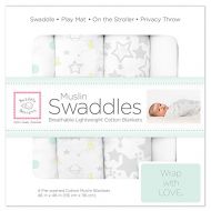 SwaddleDesigns Cotton Muslin Swaddle Blankets, Set of 4, Goodnight Starshine