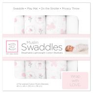 SwaddleDesigns Cotton Muslin Swaddle Blankets, Set of 4, Pastel Pink Butterflies and Posies