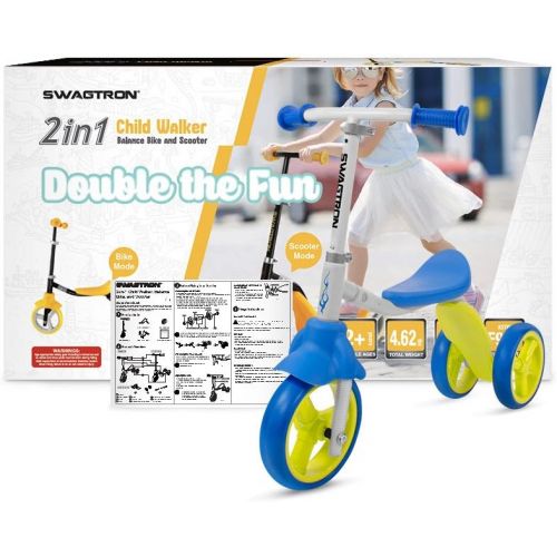 스웩트론 [아마존핫딜][아마존 핫딜] Swagtron K2 Toddler 3 Wheel Scooter & Ride-On Balance Trike 2-in-1 Adjustable for 2, 3, 4, 5 Year Old Boy or Girl Transforms in Seconds