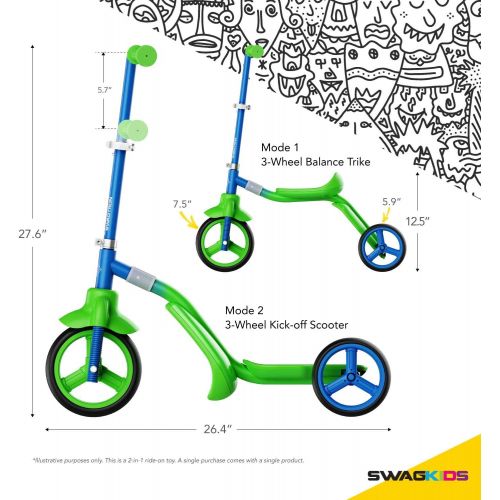 스웩트론 Swagtron K2 Toddler 3 Wheel Scooter & Ride-On Balance Trike 2-in-1 Adjustable for 2, 3, 4, 5 Year Old Boy or Girl Transforms in Seconds